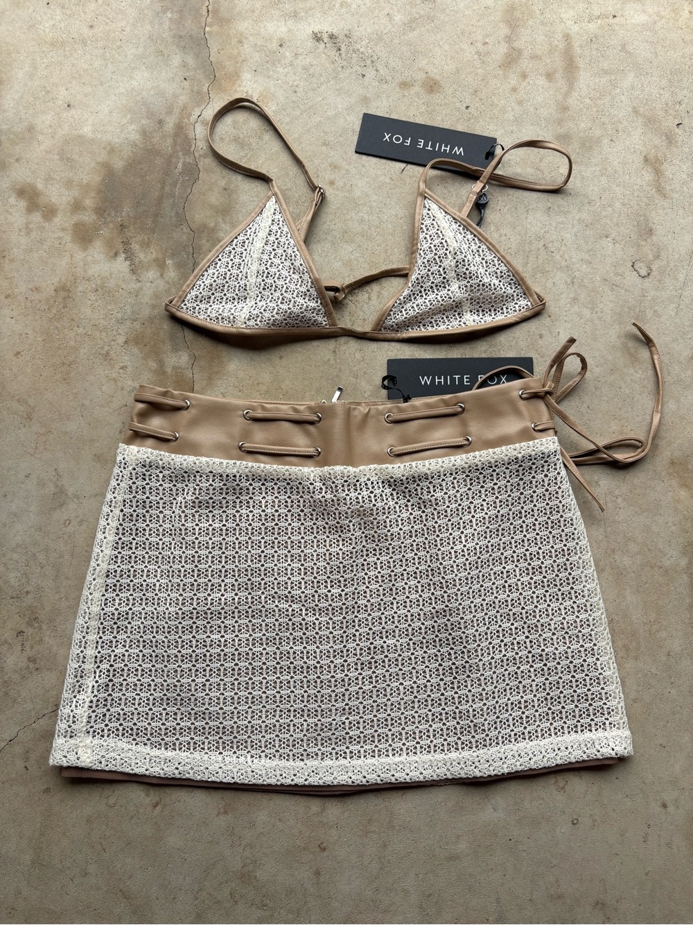White Fox Boutique crochet leather mini skirt and bra